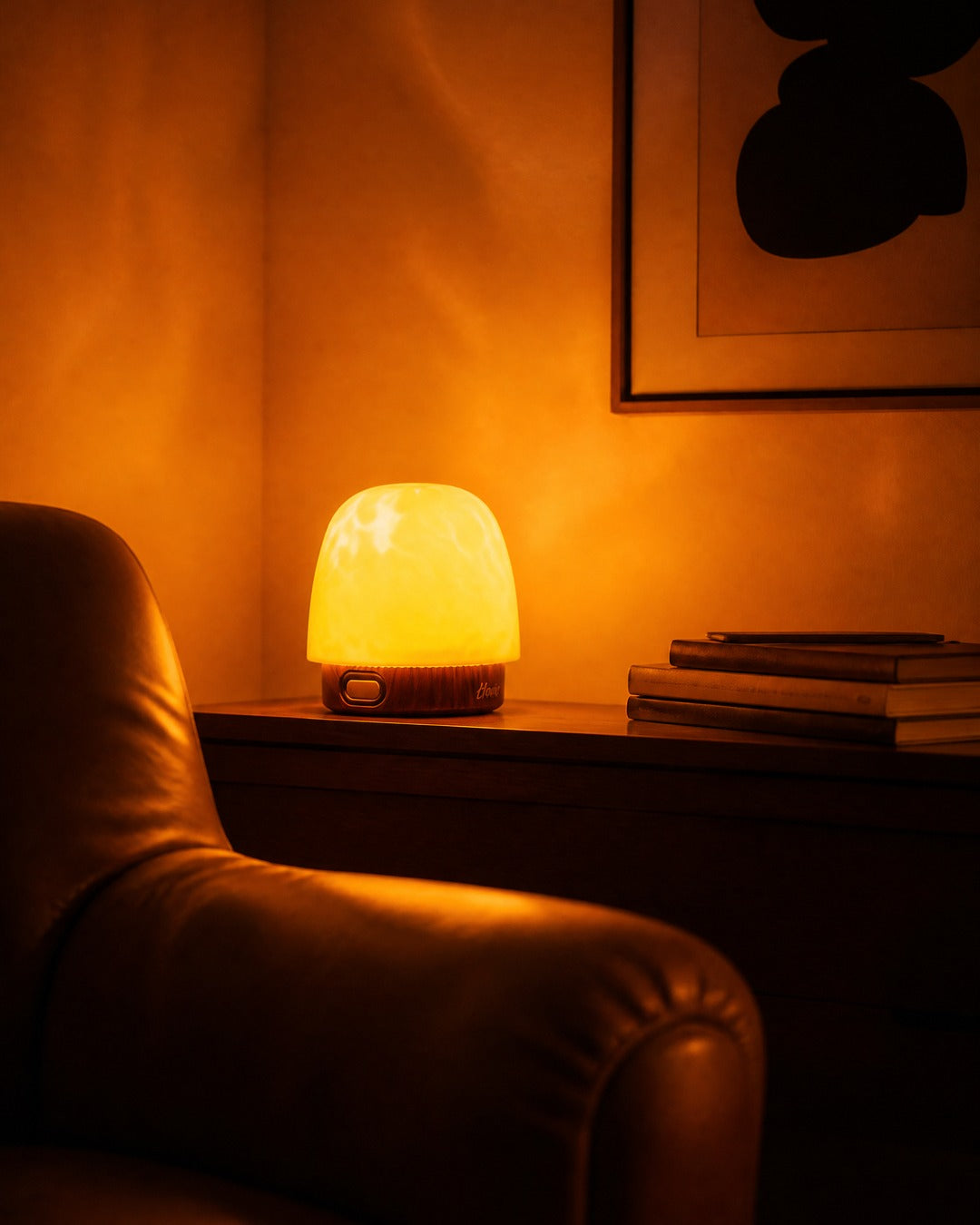 Havie lamp glowing in a cozy bedroom