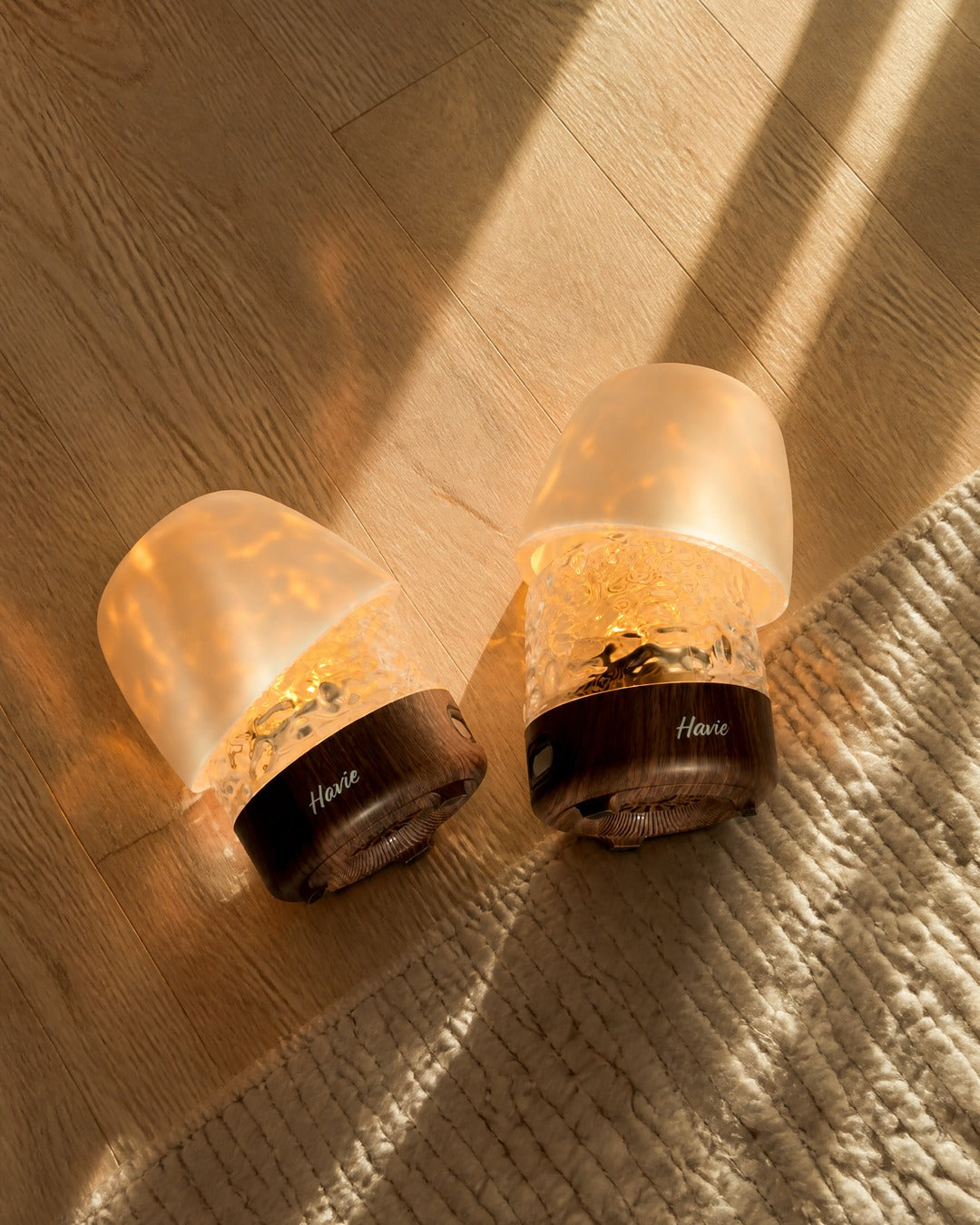 Havie lamp glowing in a cozy bedroom