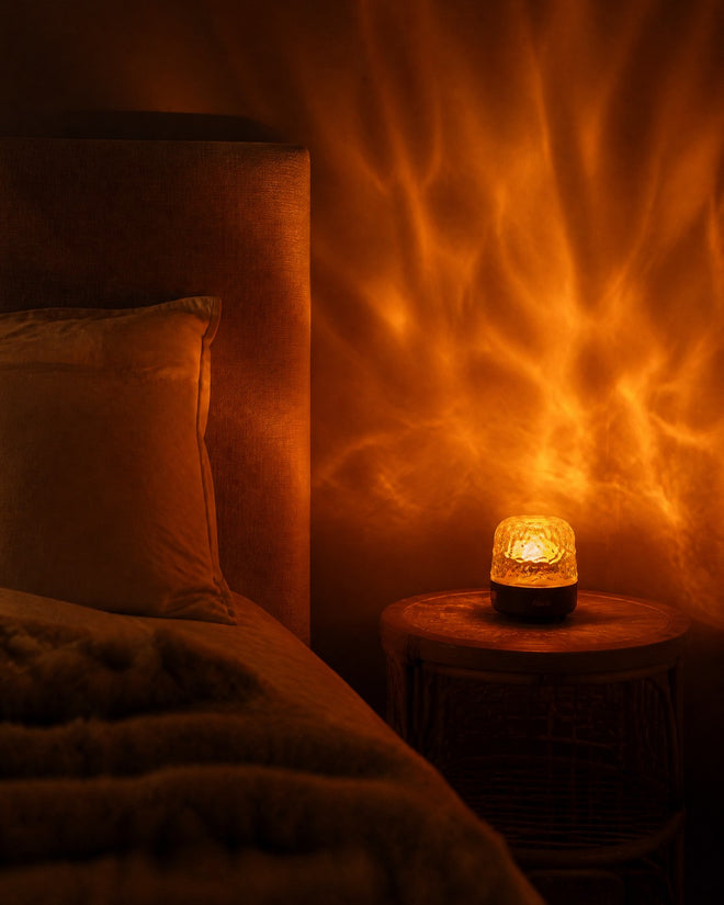 Havie lamp glowing in a cozy bedroom