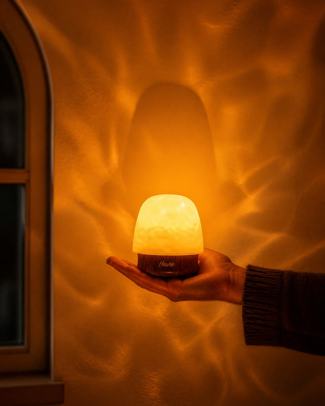 Havie lamp glowing in a cozy bedroom